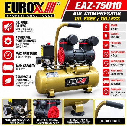 EUROX EAZ75010 1.5HP 8Bar 10L Air Compressor 2850RPM